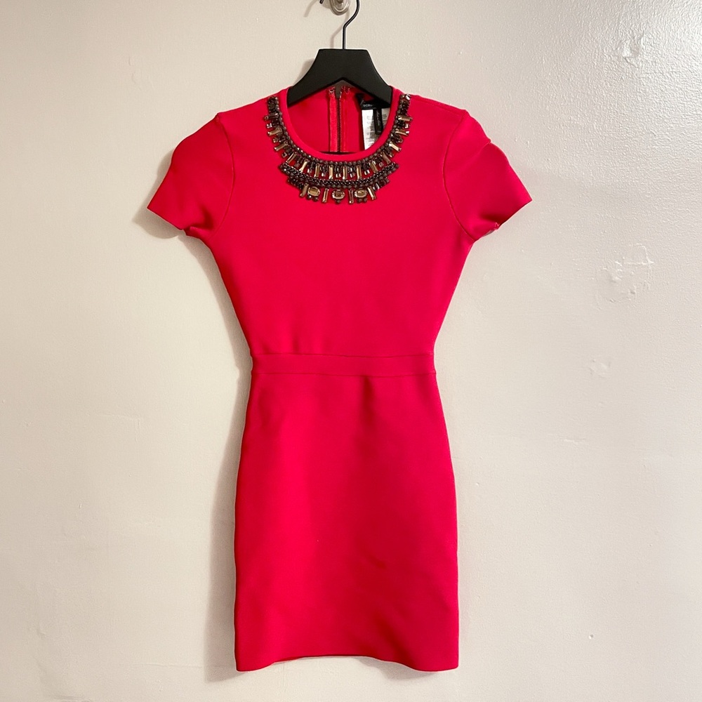 BCBG MAXAZRIA Bodycon Red Dress with Embellished Neckline